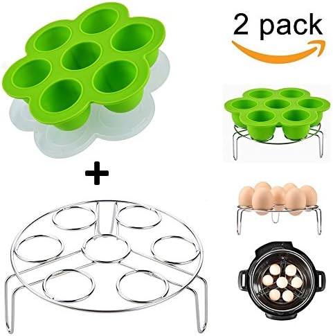 One Green Silicone Egg Bites Molds with One Stainless Steel Egg Steamer Rack for Instant Pot Reusable Storage Container (Silicone Bites Molds with Steamer Rack (Green)