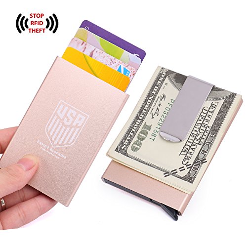 Credit Card Holder Automatic Pop-Up Sliding Aluminum Card Holder Wallet, RFID Blocking & Money Clip - Rose Gold