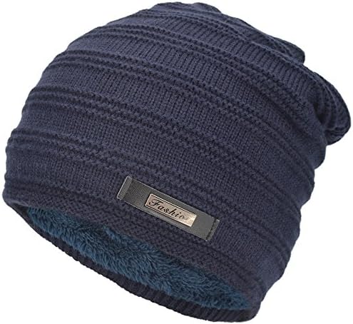 EASTER BARTHE Classic Men's Warm Winter Fleece Lining Knit Beanie Hat Baggy Oversize Slouchy Stocking Skull Cap Beanie Hat Cap, 6 Color (Navy)