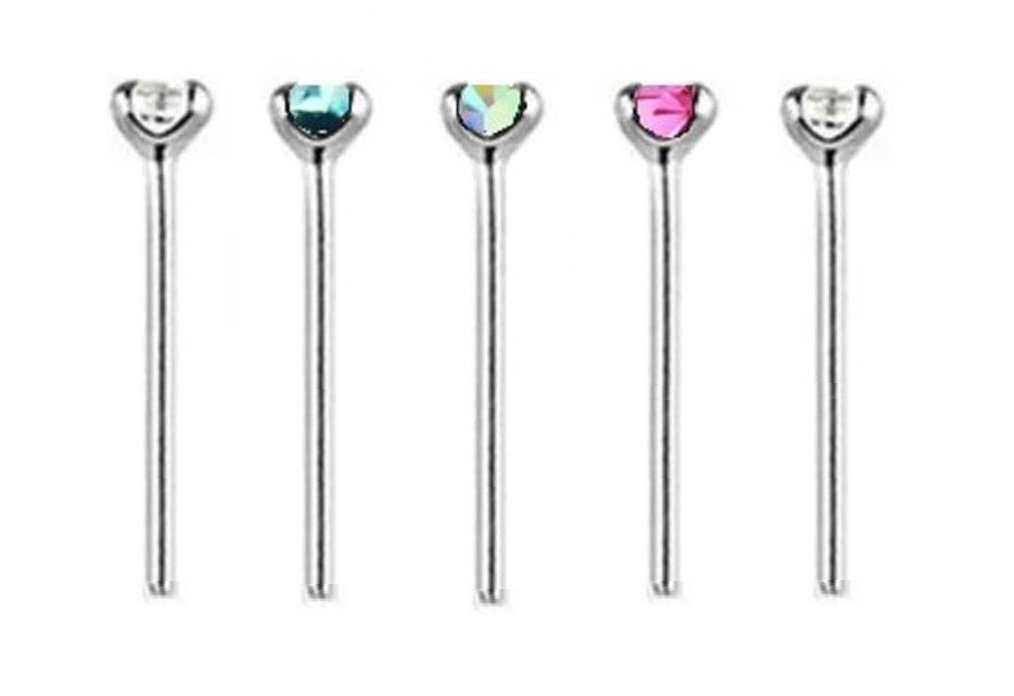 2mm Mixed Colour Crystals PACK OF 5 STERLING SILVER Thin 0.6mm Bar Bend to Fit Nose Studs (5x 2mm Mixed)