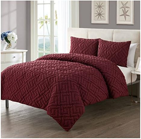 Elegant 3 Piece Bedding Comforter Set in Burgundy Embossed Greek Key Pattern For Contemporary Bedroom - Full / Queen Size