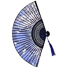 BIGOCT 265D Lee Goal White Butterfly Pink Flowers Pattern Lace Bamboo Handheld Folding Fans For Girls Women, Blue, One Size