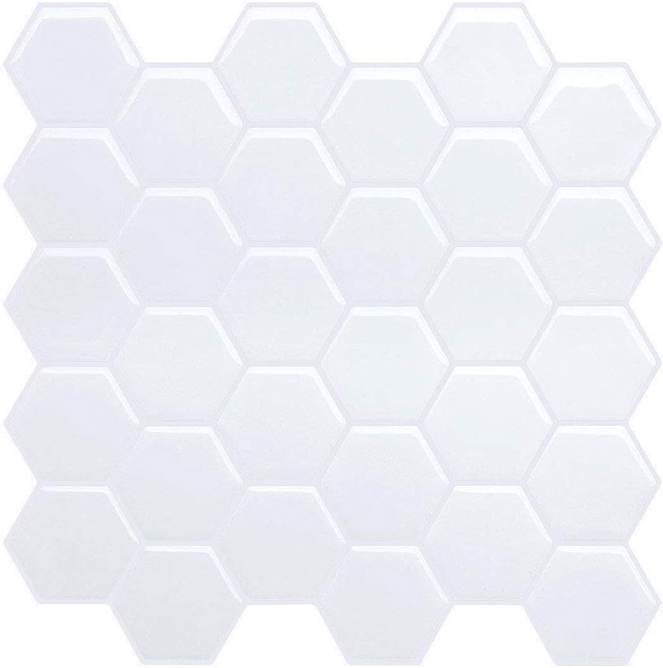 GloryTik Peel and Stick Tiles Backsplash Hexagon Marble Tile Self-Adhesive Removable Stick On Kitchen Bathroom 10.5'' x 10.5'' (White, 6 Sheets)