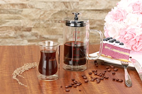 French Press Coffee Tea Maker with 2 Espresso Cups | Double Wall | Stainless Steel Plunger,350ml/10oz by AMFOCUS