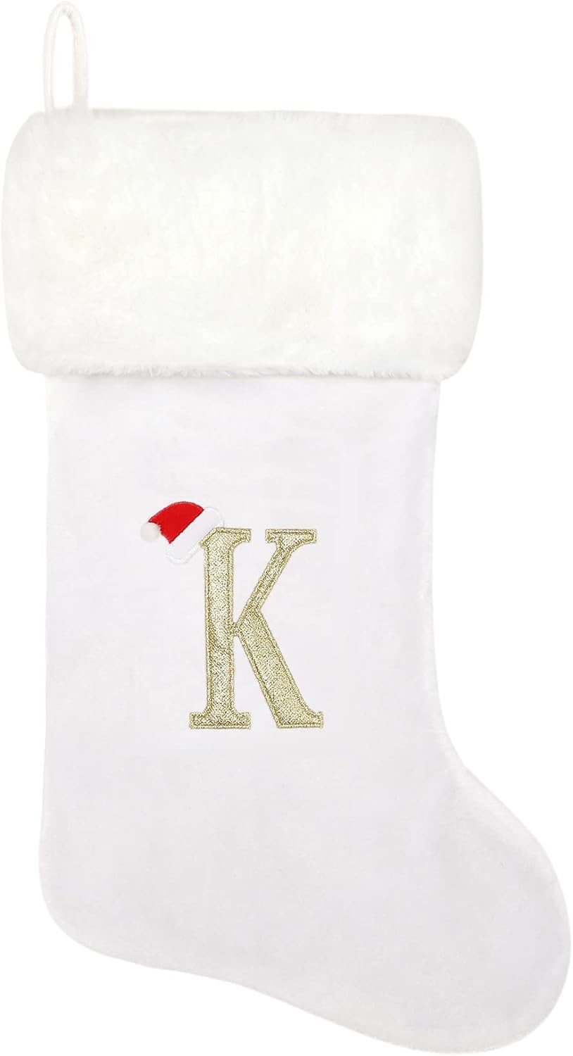 Stockings & Holders - Tokforty 20 Inches White Velvet with White Super Soft Plush Cuff Monogram Christmas Stockings, Xmas Personalized Embroidered Letter Stockings for Family Holiday Decorations and Xmas Tree Fireplace（K）
