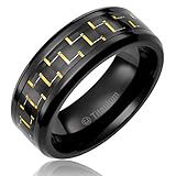 8MM Mens Titanium Ring Wedding Band Black Plated Black and Gold-Tone Carbon Fiber Inlay [Size 10.5]