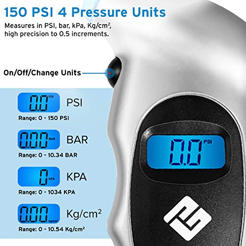 Etekcity GL-0801A Digital Tire Gauges, 150 PSI Compact Lightweight Measurement Tool with Lighted Nozzle, Backlit LCD and Non-Slip Grip, 4 Pressure Units for Bike, Car, Truck