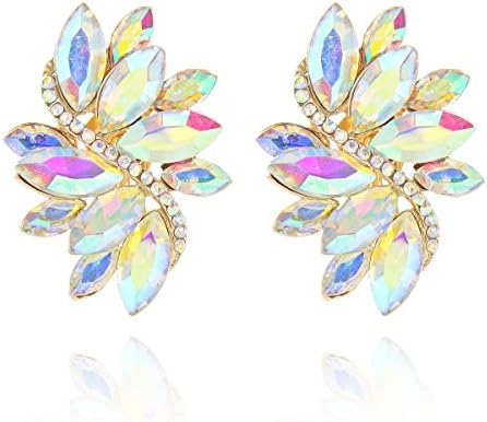 Women's Floral Glass Stone Stud Cluster Teardrop Statement Clip On Earrings For Extravagent Parties in Gold