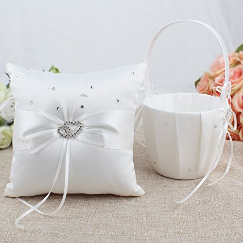 KANECH 5pcs Sets-Ivory Satin-Wedding Flower Girl Basket and Ring Bearer Pillow Set (Ring Pillow + Flower Girl Basket + Wedding Guest Book +Pen Set + Garter Cover) - Thumbnail 2