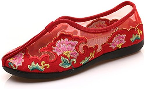 Qhome Women's Floral Embroidery Comfortable Casual Walking Net Yarn Breathable Flat Shoes