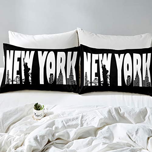 Boys Modern City Building Bedding Set New York Theme Duvet Cover For Kids Teens Men America Cityscape Comforter Cover Black White City Scene Bedspread Cover Bedroom Decor Quilt Cover 3pcs Queen Size