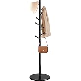 VASAGLE Solid Wood Coat Rack, Free Standing, 8 Hooks, 3 Height Options | Hall Coat Tree, Rubberwood Pole, for Coats, Hats, Bags, for Entryway, Hallway, Ink Black, ANDI Collection URCR007P33