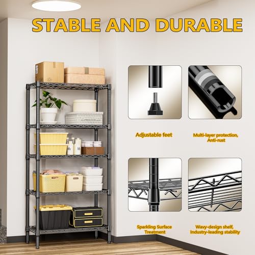 M MZG 5 Tier 1200 lbs Metal Storage Shelf, Wire Shelf, Heavy Duty Closet Organizers for Garage, Kitchen, Bathroom, Laundry, Black, 13.8"