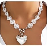 Chunky Heart Pendant Necklaces for Women Boho Big Pearl Statement Necklace Vintage Baroque Pearl Beaded Choker Necklaces Funky Prom Jewelry Gift