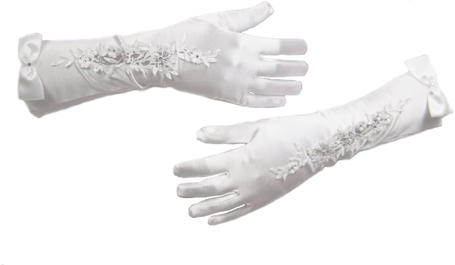 Flower Girls Embroidered Glove, wedding and christening gloves, performance pageant, White Ivory