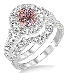 Amazon.com: 1.5 Carat Morganite Diamond Antique Halo Bridal Set Engagement Ring on 10k White Amazon.com: 1.5 Carat Morganite Diamond Antique Halo Bridal Set Engagement Ring on 10k White