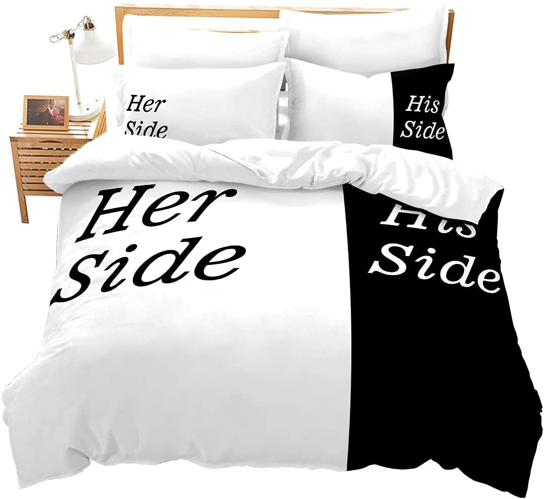 Loussiesd Her Side His Side Bedding Set Super King Size White Black Couples Comforter Cover for Women Women Lovers Microfibre Duvet Cover Set Soft Breathable Bed Linen Room Decoration Zip