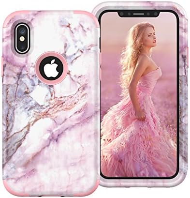 iPhone X case WELLDFUL Dual Layer Heavy Hybrid Shockproof Protective Soft Silicone + Hard PC Case Artistic-marble pattern-Rosegold