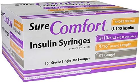 SureComfort U-100 Insulin Syringes Short Needle 31g 3/10cc 5/16in 100/bx