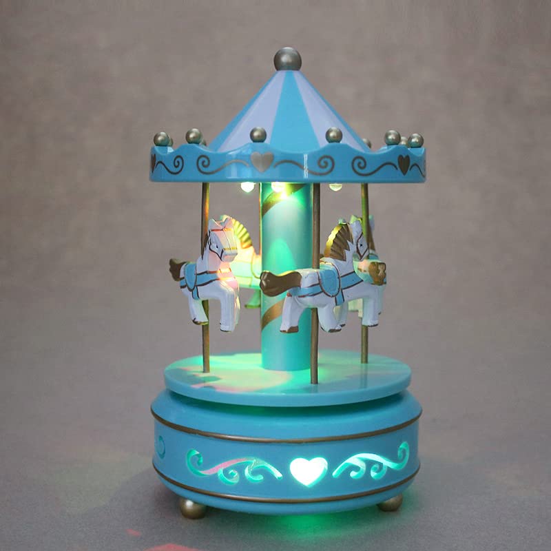 QCHOMEE Windup 4-Horse Rotating Carousel Classical Music Box Merry-go-round with Colorful Change LED Luminous Light Melody Artware Birthday Christmas Festival Musical Present Home Accessories (Blue)