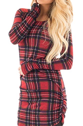 Women casual bodycon plaid print loose longsleeve ruche…