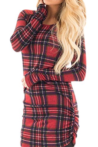 Women Casual Bodycon Plaid Print Loose Longsleeve Ruched Tunic T Shirt Dresses Christmas Red S