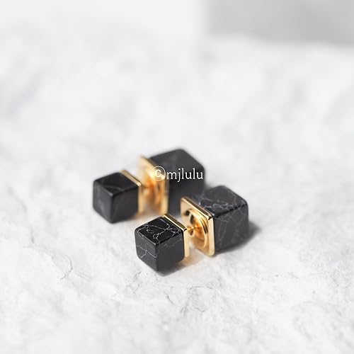 Black Simulated Howlite Geometric Square Double Sided Front and Back Stud Earrings