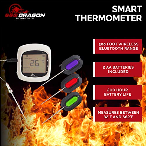 Wireless Meat Thermometer for Grilling - 6 Channel Bluetooth Meat Thermometer and 4 Probe BBQ Thermometer for Smoker, Grill, Barbecue, Outdoor Cooking - Smart Smoking Accessories from BBQ Dragon