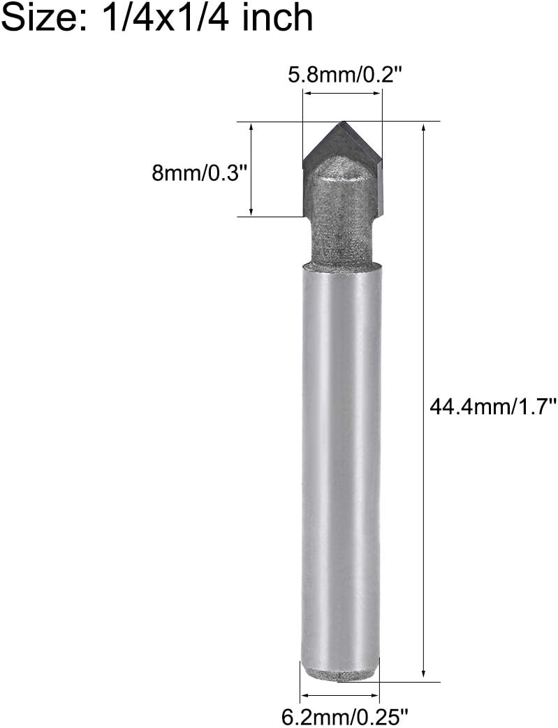 sourcing map 90 Degree V-Groove Router Bit 1/4" Dia with 1/4" Shank, Carbide Tipped V Grooving Bit (Gray) - Image 3