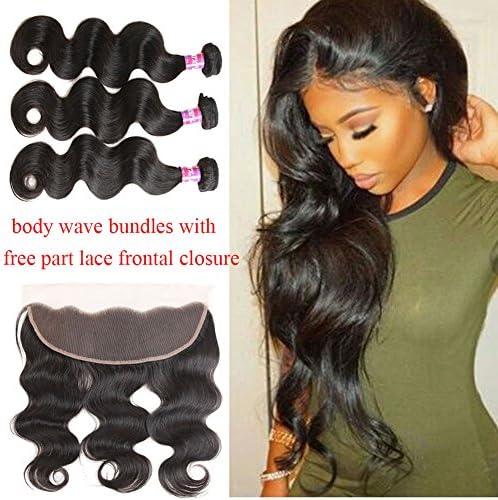Ossilee Hair Brazilian Virgin Hair Lace Frontal Closure with Body Wave Bundles Unprocessed Human Hair with Closure 13×4 Ear to Ear Lace Frontal With Hair Wefts (14 14 14+12frontal, Natural Color)