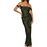 Realtix Elegant Satin Off The Shoulder Ruched Backless Maxi Dress for Women Strapless Tube Sleeveless Bridesmaid Dresses
