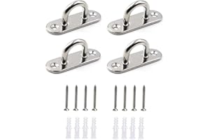 HOMPER 4Pcs M6 304 Stainless Steel Oblong Pad Eye Plate, Marine Hardware Staple Hook Loop with 12 Screws and Plastic Plugs