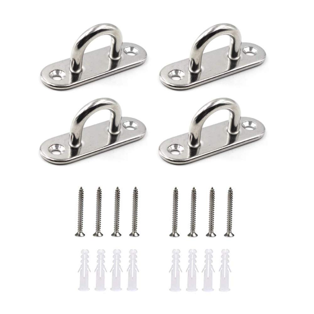 HOMPER 4Pcs M6 304 Stainless Steel Oblong Pad Eye Plate, Marine Hardware Staple Hook Loop with 12 Screws and Plastic Plugs