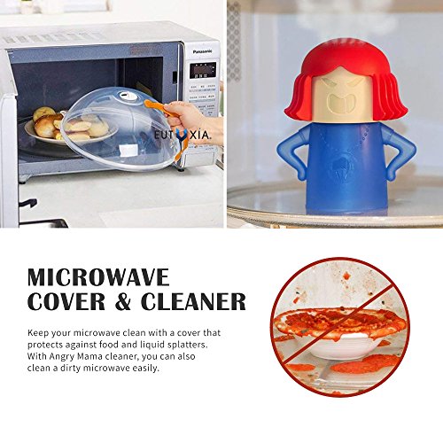 Eutuxia Microwave Cleaner + Cover Bundle. Perfect for Covering Plates, Bowls, and Cups to Prevent Food & Liquid Splatters While Microwaving. Angry Mama Steam Cleans & Disinfects with Vinegar & Water.
