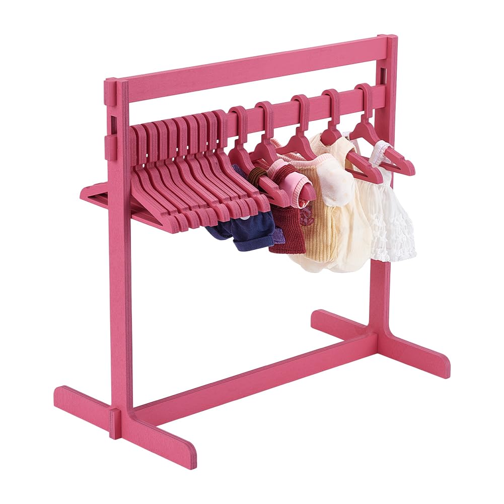 UNICRAFTALE 30cm High Doll Garment Rack with 15Pcs Wooden Clothes Hanger Small Dolls Clothes Racks Rose Pink Mini Dress Up Storage Doll Garment Rack Accessory for Dollhouse Cat Puppy