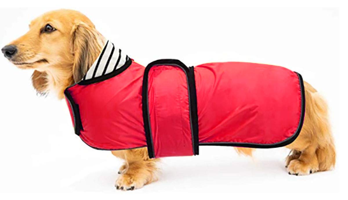 Geyecete Dog Jacket Adjustable Lightweight Dachshund Raincoat with Reflective Straps and Harness Hole Best Gift for Dachshund -Red -M