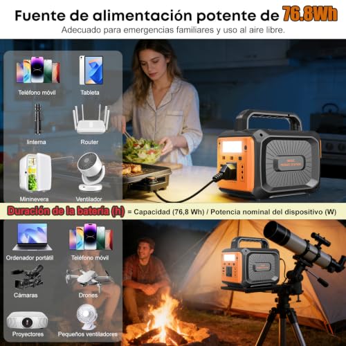 Banco de Energía Portátil con Iluminación LED y Reproductor de Música | Bateria de Emergencia para Casa, Cargador Multipuerto-3 DC, 1PD 2 USB y 1 AC, Estacion de Energia para Exteriores Campamento