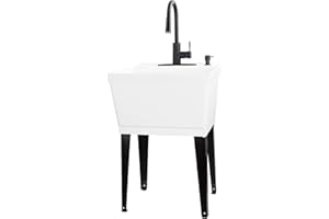 VETTA White Utility Sink Laundry Tub With High Arc Black Faucet By VETTA JS Jackson - Pull Down Sprayer Spout, Heavy Duty Slop Sinks For Washing Room, Basement, Garage, or Shop, Free Standing Tubs