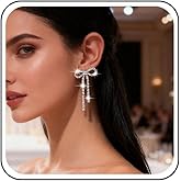 Sttiafay Rhinestone Bow Earrings Silver Crystal Bow Drop Earrings Long Rhinestone Tassel Earrings Long Tennis Chain Drop Earrings Cubic Zirconia Stud Earrings Jewelry for Women
