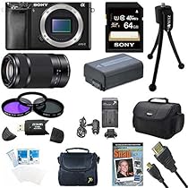 Sony Alpha a6000 Sony a6000 ILCE6000/B ILCE6000 24.3 Interchangeable Lens Camera - Body only with Sony E 55-210mm Lens BUNDLE with 64GB Class 10 Card, Spare Battery, Deluxe Padded Case, Micro HDMI Cable, DVD SLR Guide, SD Card Reader, and MORE