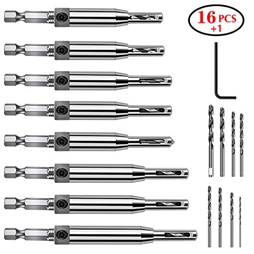 Center Drill Bit Set(16 PCS), ZINMOND Self Centering Hinge Tapper Core Hole Puncher Woodworking Tools for Cabinet Door 5/64'' 7/64'' 9/64'' 11/64'' 13/64'' 5mm 1/4'' with 1 Hex Key & 8 Replacement bit