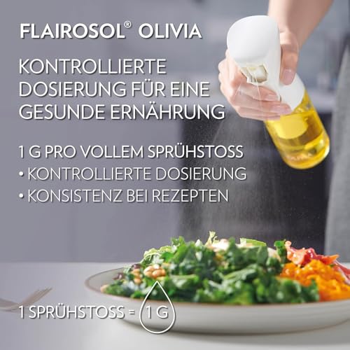 FLAIROSOL Olivia 130 ml Glass Oil Sprayer - Continuous Oil Spray Technology with Portion Control - Versatile Oil Atomiser for Cooking, Salad, Grilling, Baking and Other Scenarios (Golden Logo)