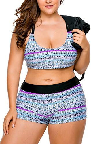 WoldGirls Women's Plus Size Tankini Swimsuit Swimwear Strappy 3 Piece Boyshort Sports Bikini Sets (XX-Large, Black Grey)