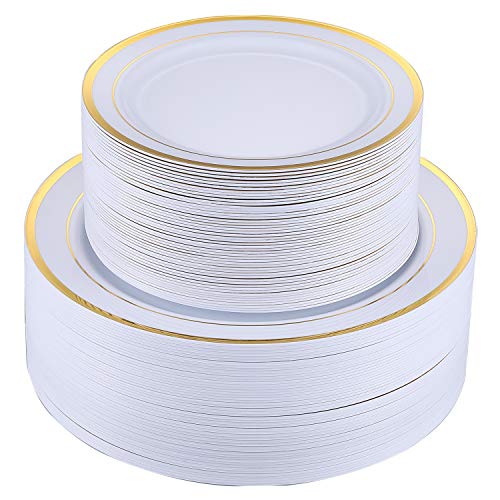 FOCUSLINE 102 Piece Plastic Party Plates White Gold Rim, Disposable