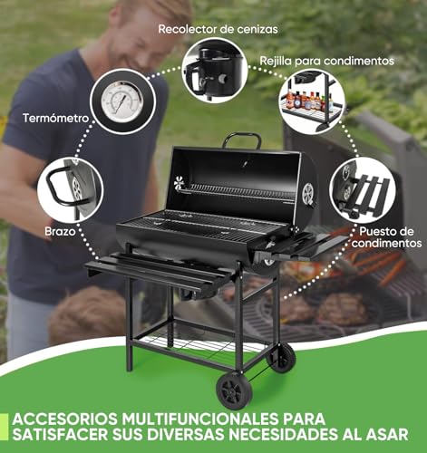 Asador de Carbon Portatil,Asadores Parrilla de Carne Carbon con Mesa Frontal Lateral para Especia Alimento Accesorios para Asador,Empotrable Parrilla para Asar 2 Capas,Gran Espacio para Cocinar Patio