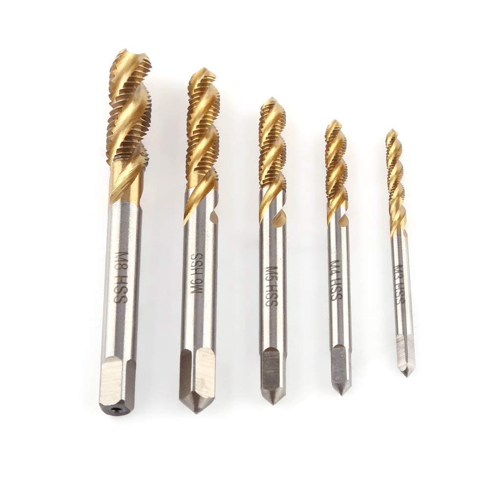Hilitand 5 Pcs Titanium Coated HSS Spiral Fluted Screw Tap Set Thread Cutting Tapping Tool M3 M4 M5 M6 M8