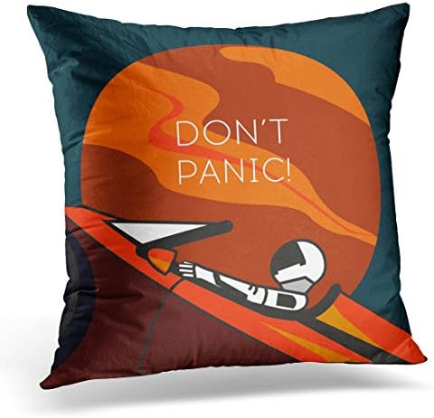 Sdamas Decorative Pillow Cover Astronaut in Space with Catchphrase Don't Panic for Starman Suit on Tesla Roadster Open Shipped Throw Pillow Case Square Home Decor Pillowcase 16x16 Inches