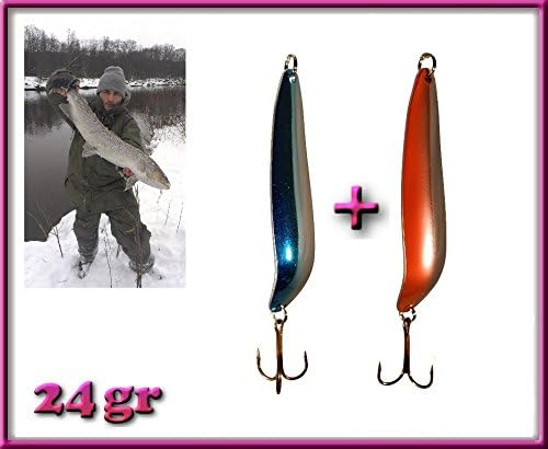 Silver red + silver blue spoon lures / spinner baits / fishing bait spinners for fresh &amp; salt water. 24g. Professional spoon-baits!!!
