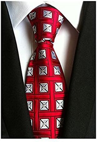 USOLDFLY New Classic Checks Red White Jacquard Woven Silk Men's Tie Necktie