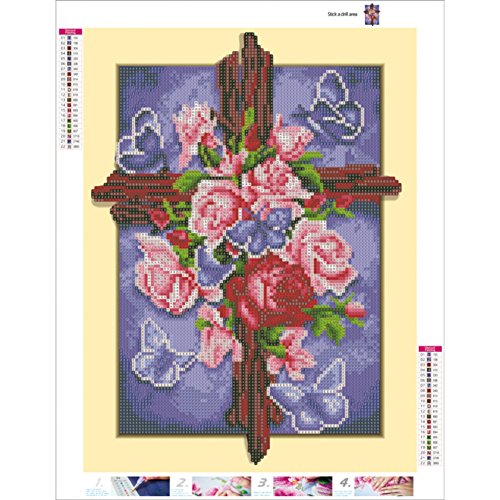 Adarl DIY 5D Diamond Painting by Number Kit, Full Drill Rose Floral Cross with Butterfly Rhinestone Embroidery Cross Stitch Supply Arts Craft Canvas Wall Decor